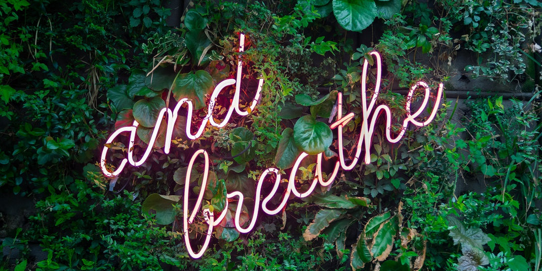 A pink neon sign saying "and breathe" surrounded by plants.